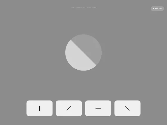 Contrast Sensitivity active test screen, showing the circular edge stimulus and four response buttons