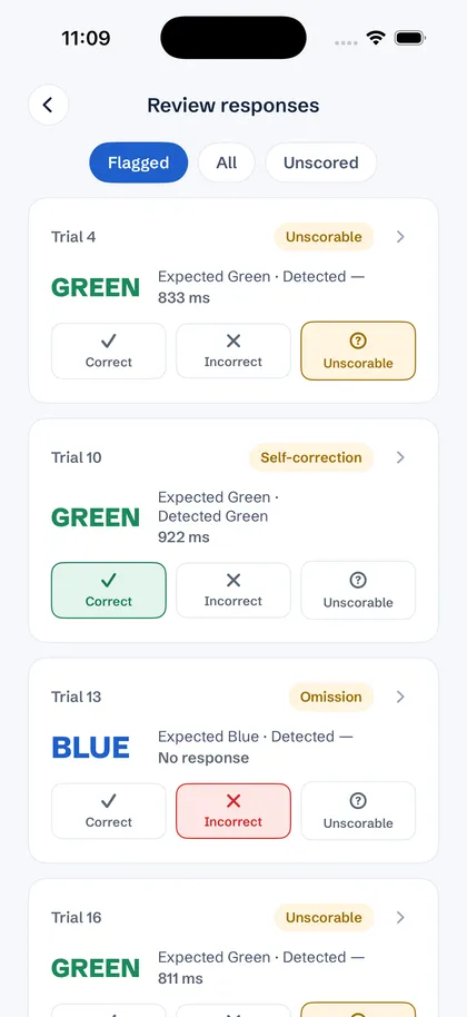 StroopTest review responses screen