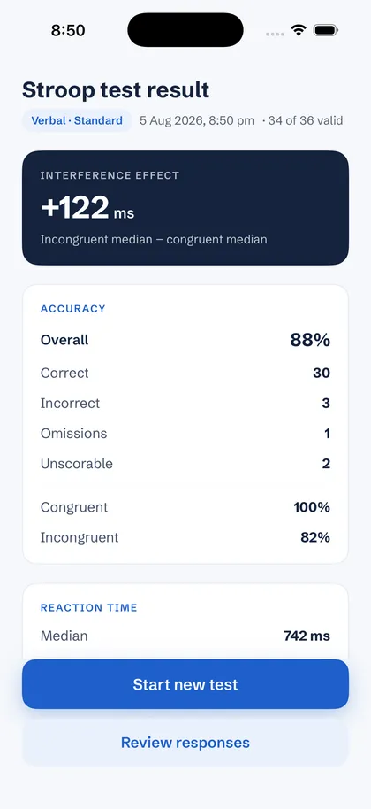 StroopTest result screen